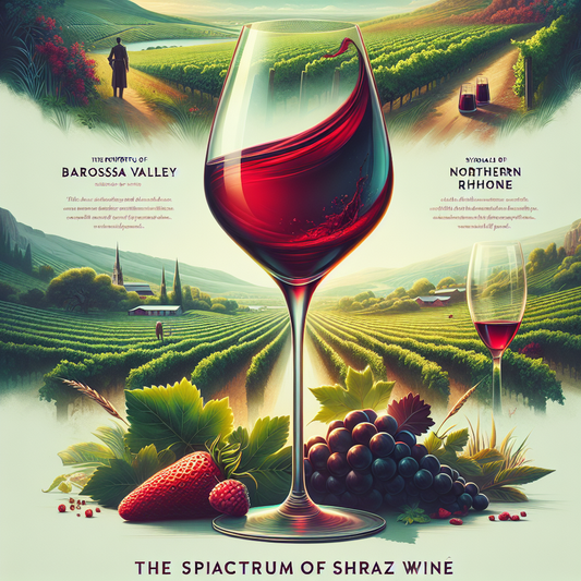 Illustration af et landskab med vinmarker set gennem et glas rødvin, med tekst om vinens oprindelse og karakter samt frugter og vinblad foran.
