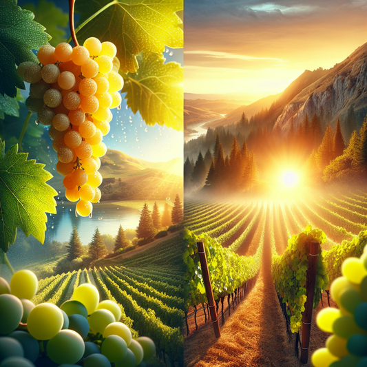 ALT tekst: Splitbillede der viser modne druer på en gren til venstre og en solbeskinnet vinmark ved solopgang til højre.