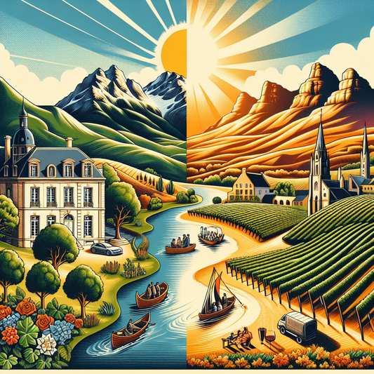 Farverigt stiliseret landskab med solstråler over bjerge, en flod med både, vinmarker, og en klassisk bygning.
