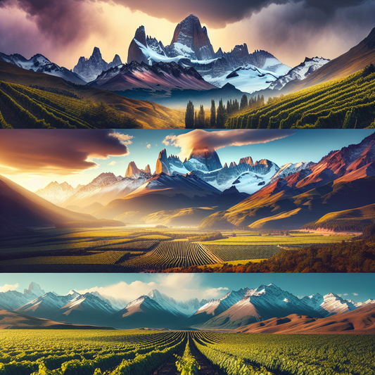 Tre landskabsbilleder arrangeret i en collage, der viser bjerglandskaber ved forskellig tid af dagen og årstider, med lysets og skyggernes spil over terrænet.