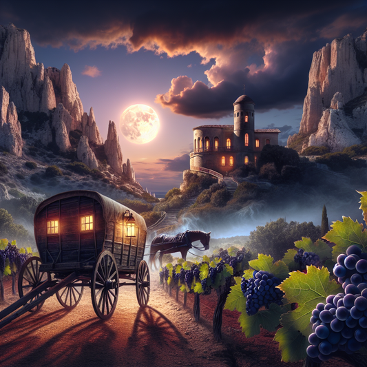 ALT tekst: En hestetrukken vogn står i forgrunden blandt vinmarker med et mystisk slot belyst af måneskin på en bakketop i baggrunden, under en dramatisk aftenhimmel.