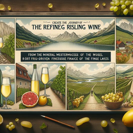 Vintage-stil reklameplakat for Riesling-vin med en collage af maleriske landskaber, vinmarker, et glas vin, og frugter.