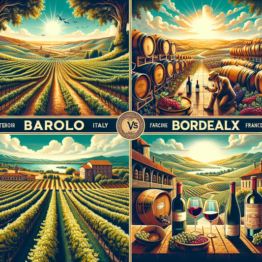 Collage af fire vignetter der illustrerer vinregioner og vinkultur, med teksterne "Barolo Italy" og "Bordeaux France", inkluderer landskaber af vinmarker og vinproduktionsaktiviteter.