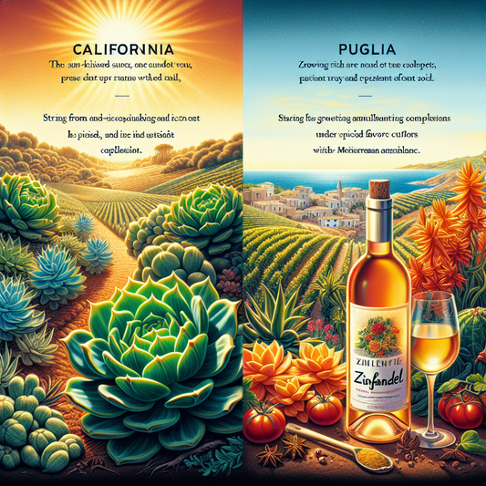 Illustreret delt billede, der sammenligner Californiens og Puglias vinregioner med frodige vinmarker, typiske landskaber og en flaske vin med glas.