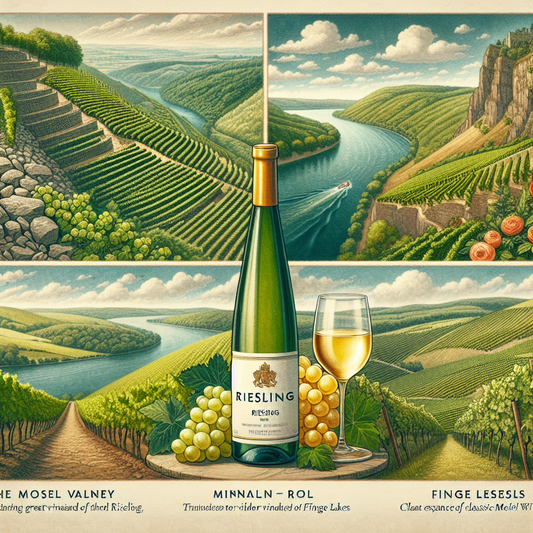 Reklameillustration for Riesling-vin med et detaljeret landskab af Mosel-dalen, vinmarker, en flod med en båd og et glas hvidvin foran.