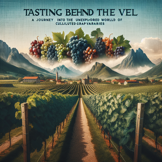 Reklameplakat for vinoplevelse med betagende udsigt over vinmarker, omgivet af bjerge og forskellige druesorter svævende i luften. "TASTING BEHIND THE VEIL - A JOURNEY INTO THE UNEXPLORED WORLD OF CULTIVATED GRAPE VARIETIES" står der øverst.