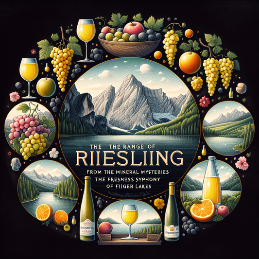 Illustreret reklame for Riesling vine med bjerglandskab i baggrunden omgivet af billeder af vindruer, citrusfrugter, vinglas og flasker.