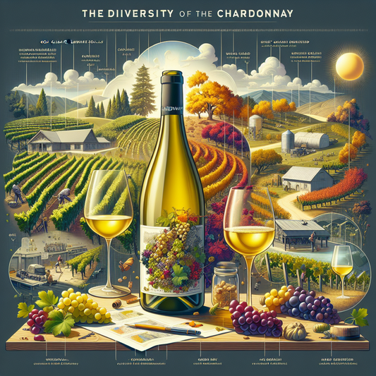 Illustrativ plakat der viser diversiteten af Chardonnay med en flaske og glas vin foran en baggrund af vinmarker over årstiderne og noter om vinproduktion.