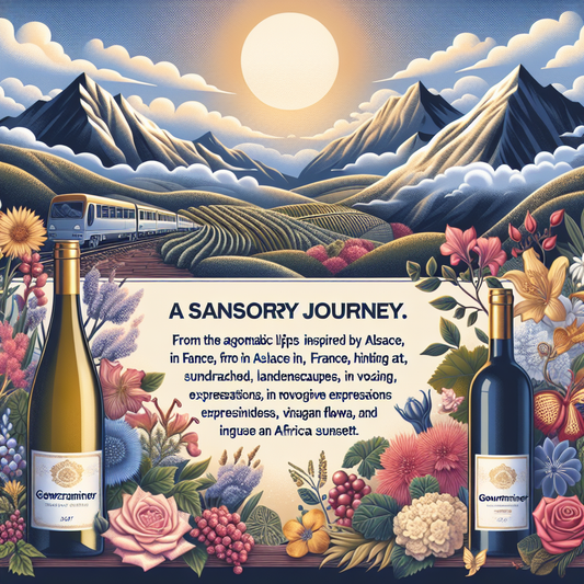 Illustreret reklameplakat med et landskab bestående af bjerge, vinmarker og en togrejse ved solnedgang, omgivet af blomster og to flasker vin, ledsaget af teksten "A SENSORY JOURNEY."