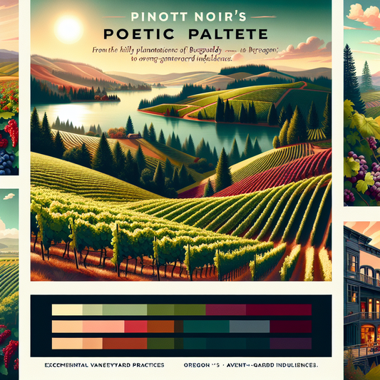 Illustration af et malerisk landskab, der fremhæver Pinot Noir's "Poetic Palette" med et sammenlignende blik på Burgundy og Oregon. Billedet viser vinmarker foran bløde bakker og en flod ved solnedgang samt en farvepalette inspireret af vingårde.