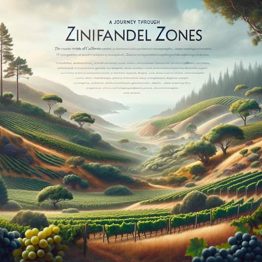 Pittoresk landskab af rækker med vinmarker i bakkerne med træer og en udsigt til kystlinjen i baggrunden, overskrift "A JOURNEY THROUGH ZINFANDEL ZONES" og en nærbillede af grønne druer i forgrunden.