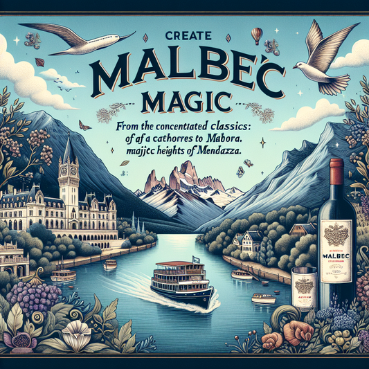 Illustreret reklame for Malbec-vin, der fremviser et fantasifuldt landskab med bjerge, en flod, et slot, botaniske elementer, en paddehavsrøver og en svævende fisk, med teksten "CREATE MALBEC MAGIC" og en flaske og et glas vin i forgrunden.